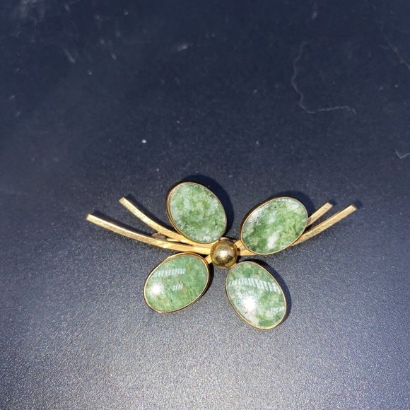 VINTAGE MID CENTURY BAL-RON 12KGF JADE FLOWER  Four Leaf Clover BROOCH  PIN - Picture 1 of 4